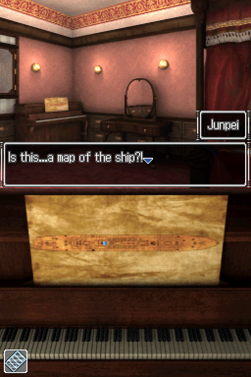 Junpei finding a map next to a piano in a first-class cabin