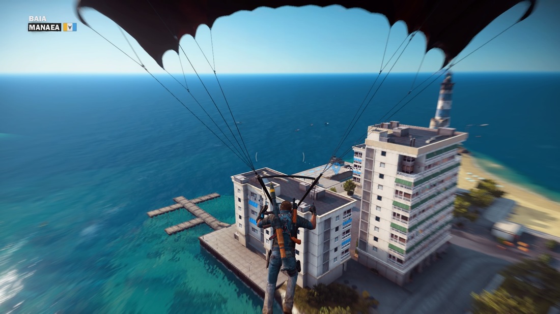 Just Cause 3 parachuting towards tower buildings by the sea