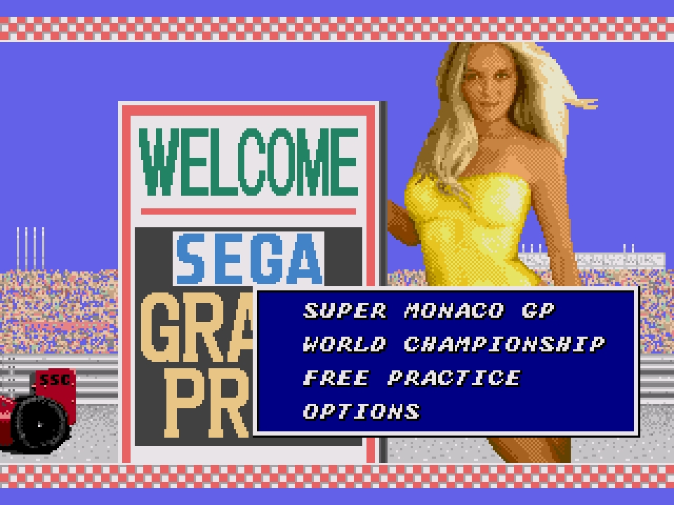 Super Monaco GP standard title screen with model wearing yellow swimsuit