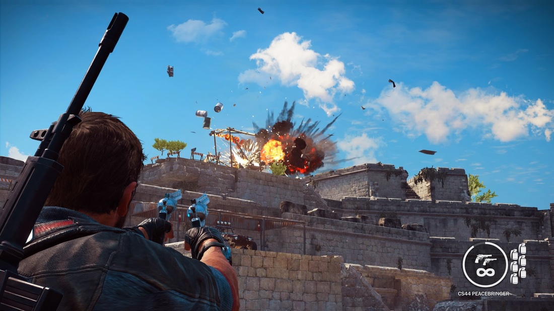 Just Cause 3 twin pistols dual wield in combat with an explosion in the distance