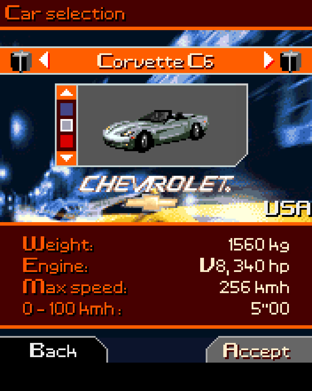 Asphalt Urban GT car selection screen with a Chevrolet Corvette