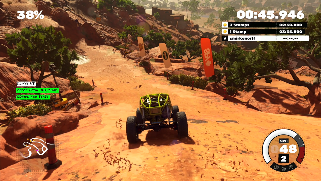Dirt 5 buggy racing downhill on a point-to-point race