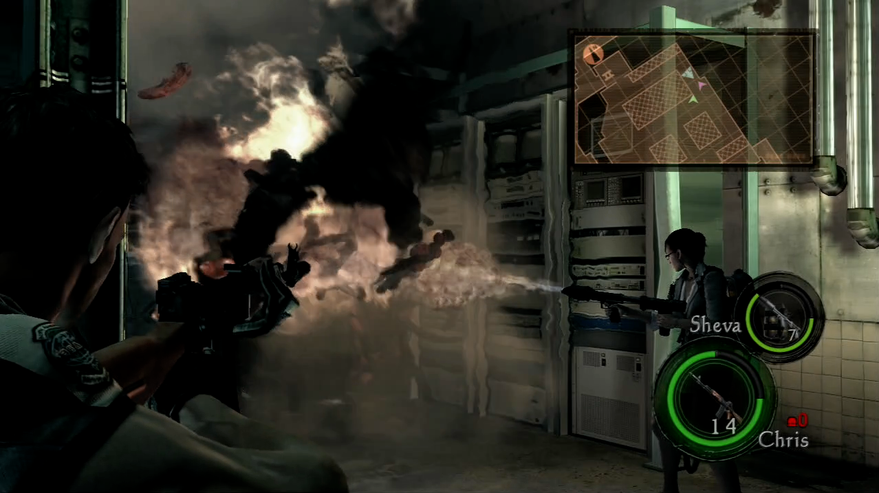 Sheva uses the flamethrower in RE5 PS3