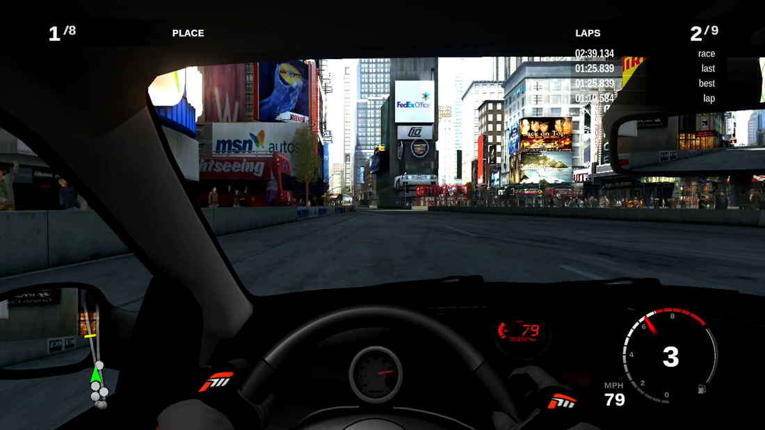 Forza Motorsport 3 the ultra-busy New York course with skyscrapers and MSN adverts