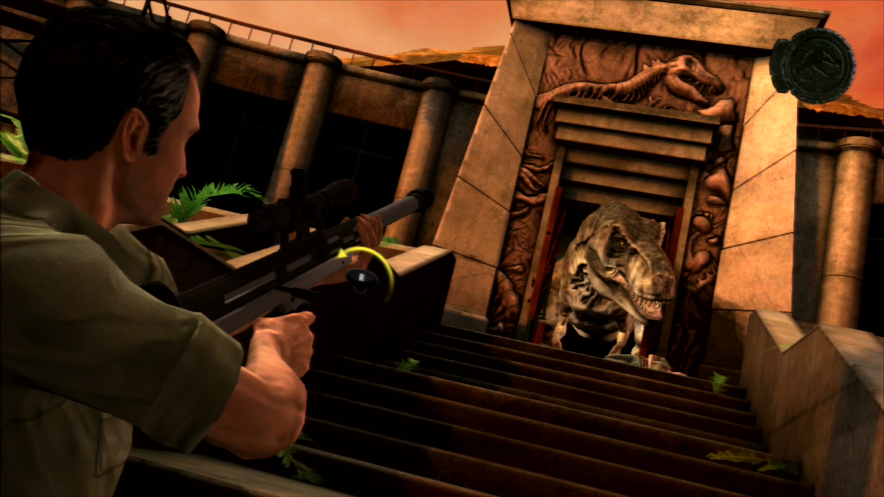 Jurassic Park The Game PS3 gun aiming at T-Rex