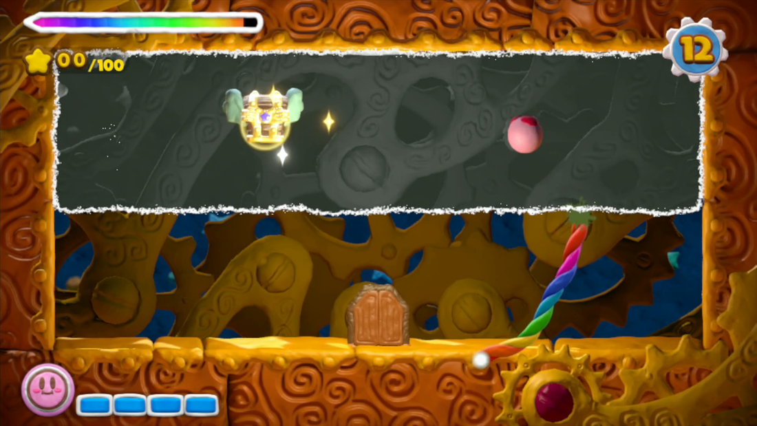Kirby chases a treasure chest in one of the challenge rooms