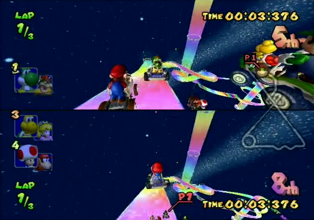 Mario Kart Double Dash!! Nintendo GameCube split-screen Rainbow Road gameplay