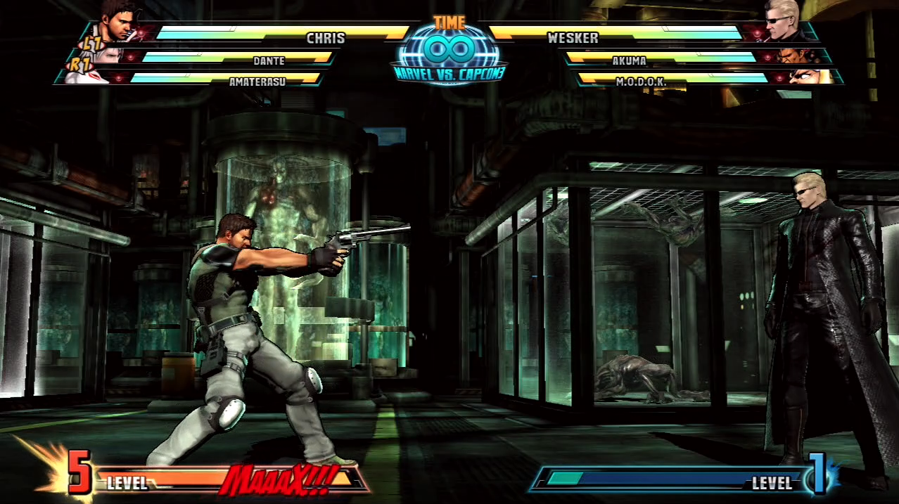 Marvel vs Capcom 3 PS3 Chris shoots at Wesker in Tricell labs