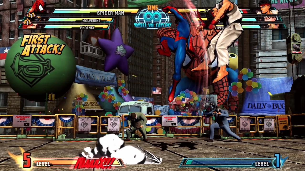 Marvel vs Capcom 3 Fate of Two Worlds PS3 Spiderman fights Ryu on Daily Bugle stage