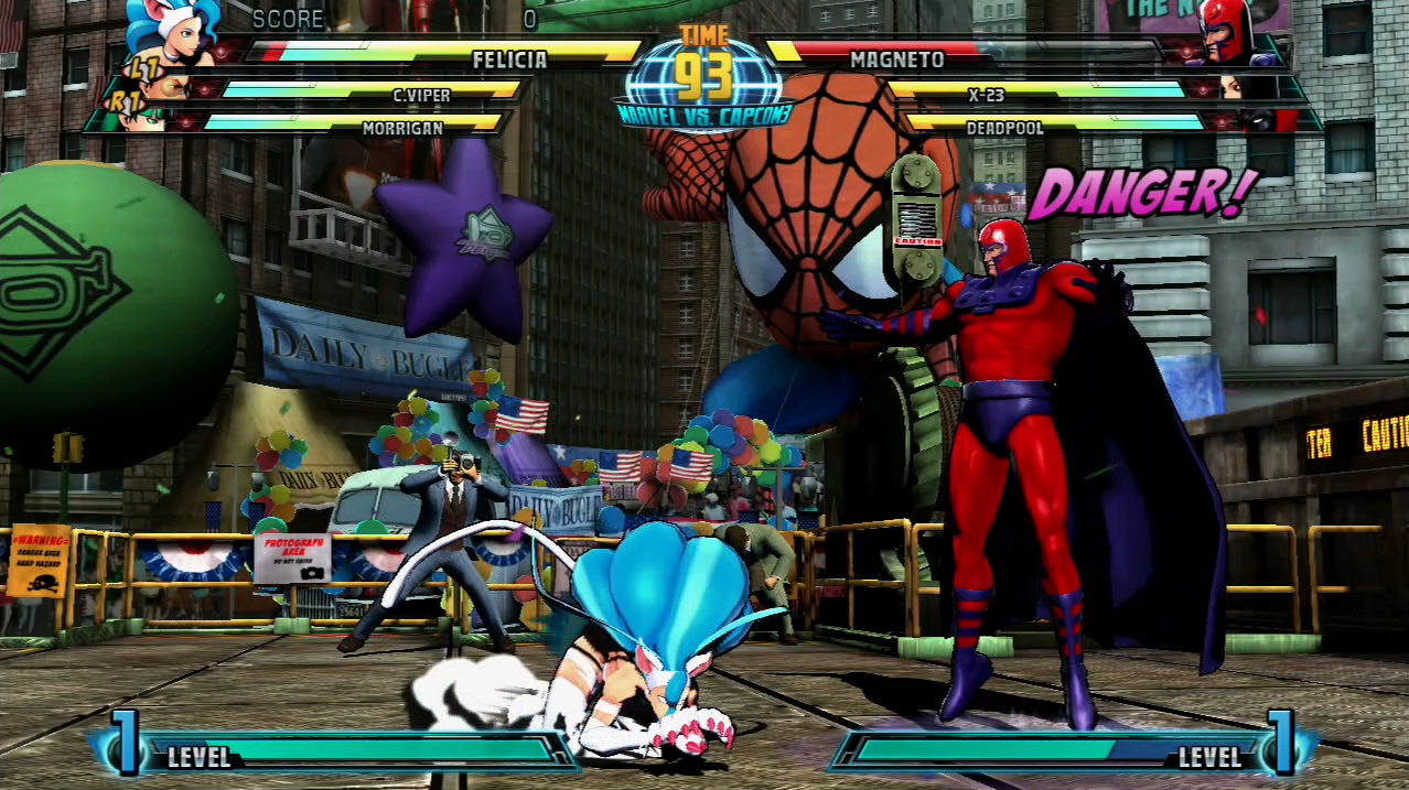 Marvel vs Capcom 3 PS3 Felicia fights Magneto on Daily Bugle