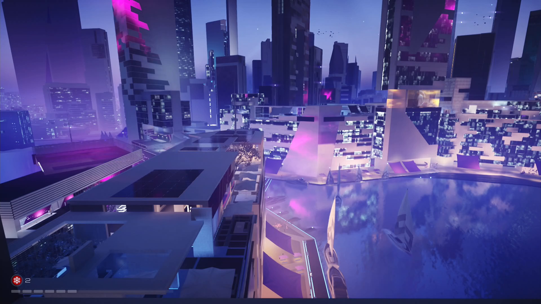 Mirror's Edge Catalyst PS4 overlooking purple hues of Regatta Bay
