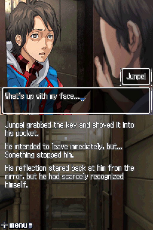 999 Junpei asking what's up with his face whilst looking in the mirror