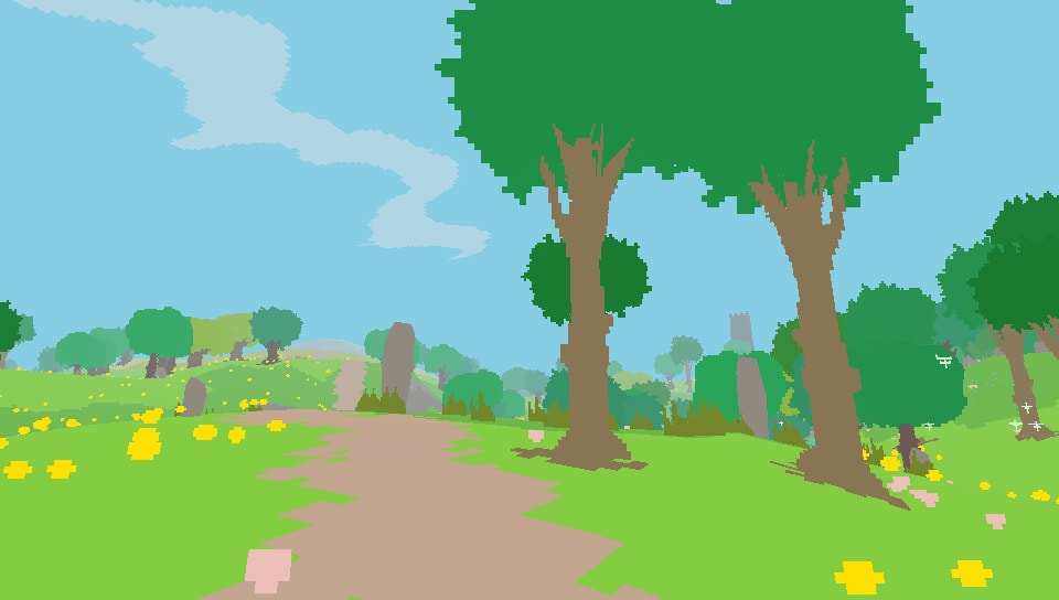 Proteus PlayStation Vita pathway, trees and yellow flowers 