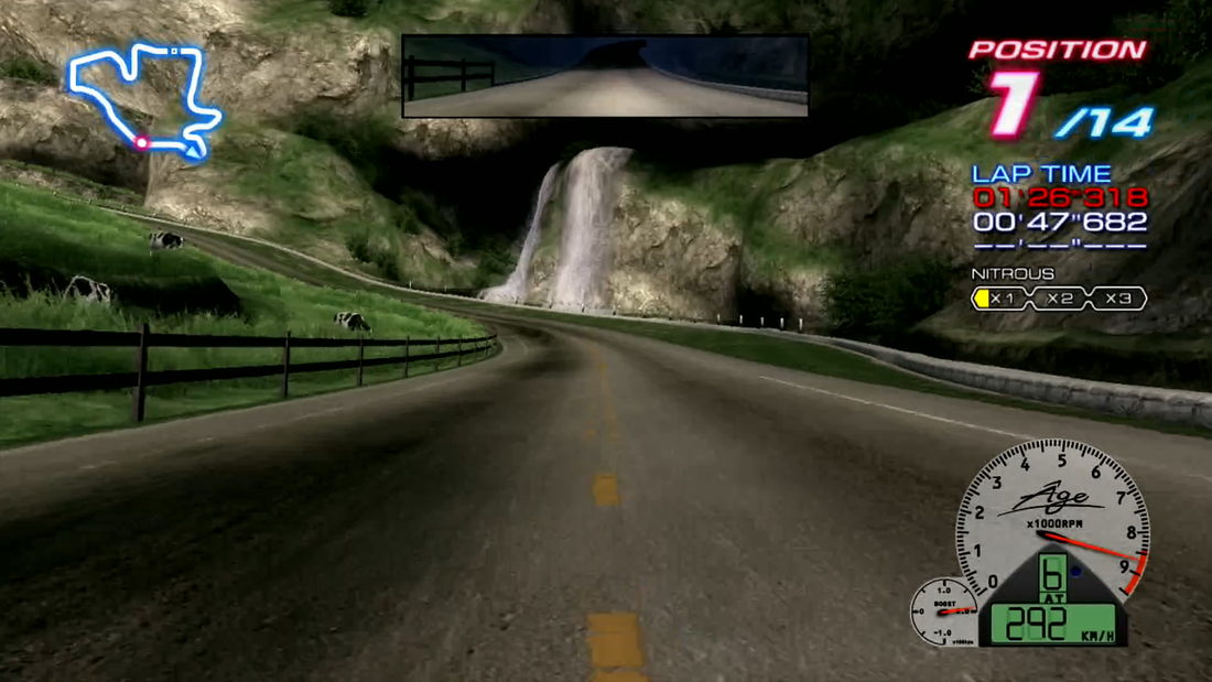 Ridge Racer 6 gameplay Highland Cliffs waterfall