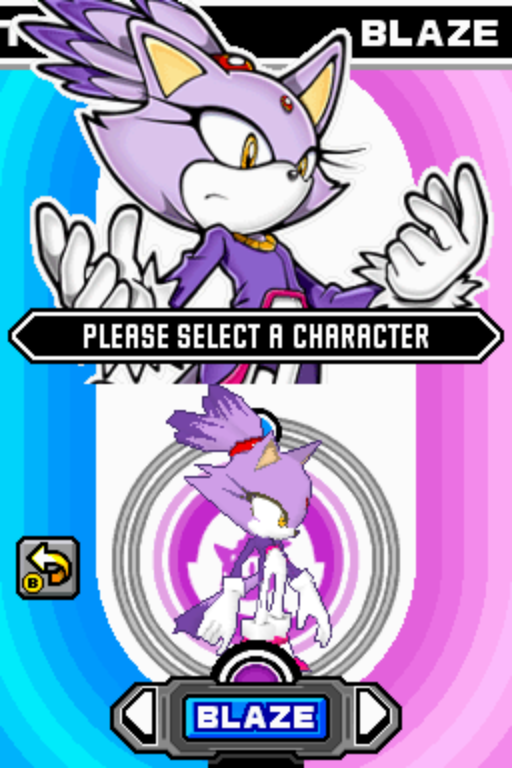 Blaze on Sonic Rush's dynamic, pink and blue character select screen
