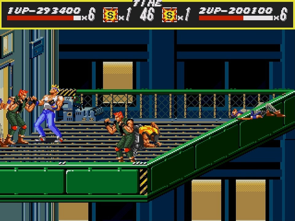 Streets of Rage Axel and Adam fight enemies on elevator