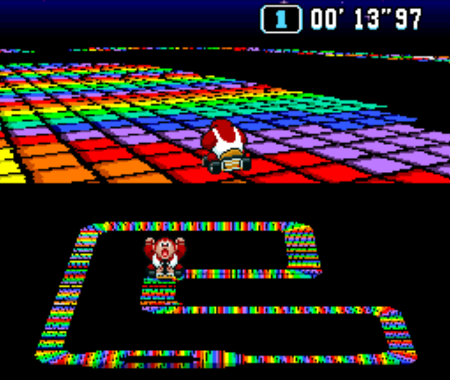 Super Mario Kart SNES Super Nintendo gameplay Rainbow Road Donkey Kong
