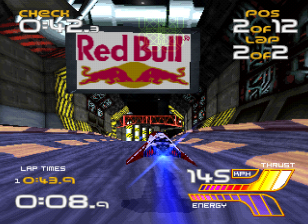 WipEout 2097 PS1 Talon's Reach showing prominent Red Bull advertising