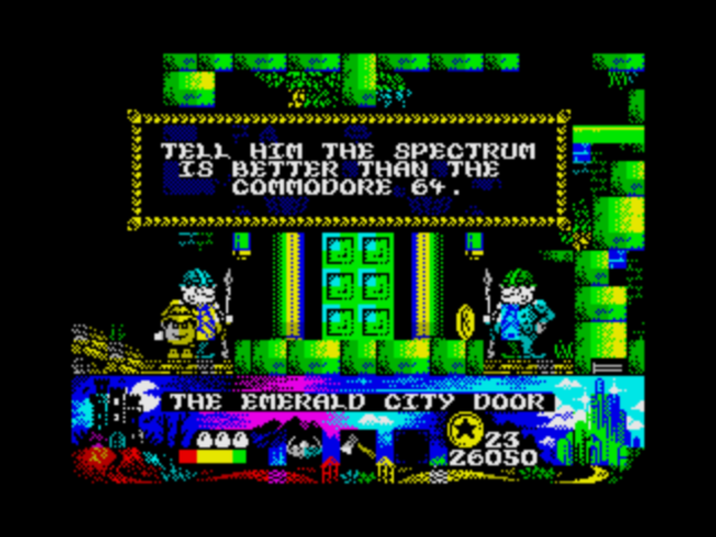 Wonderful Dizzy guards debate the merits of the Spectrum and the C64